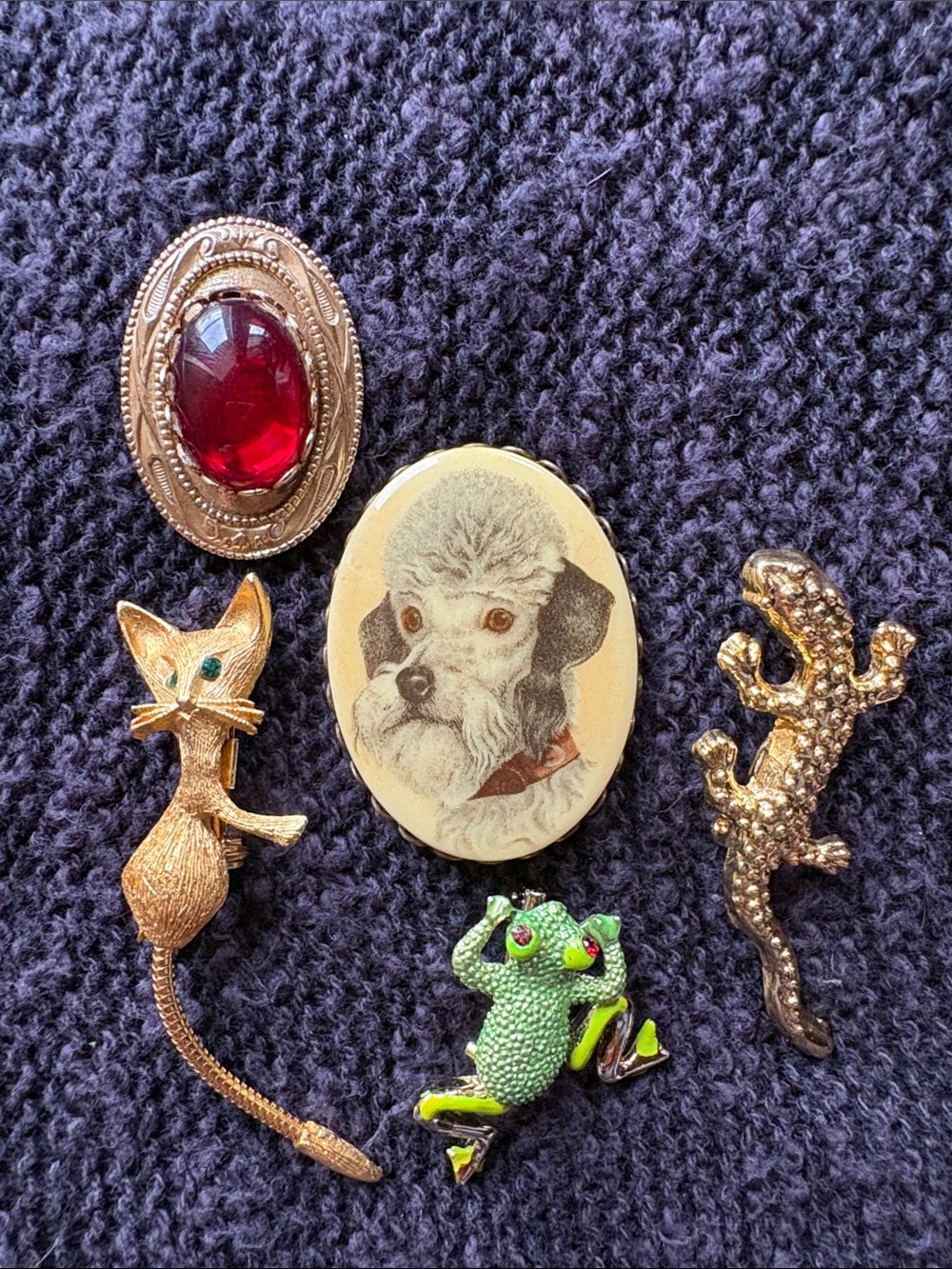 Assorted Small Pets-Themed Brooch Pin Set in Gold, Red, Green